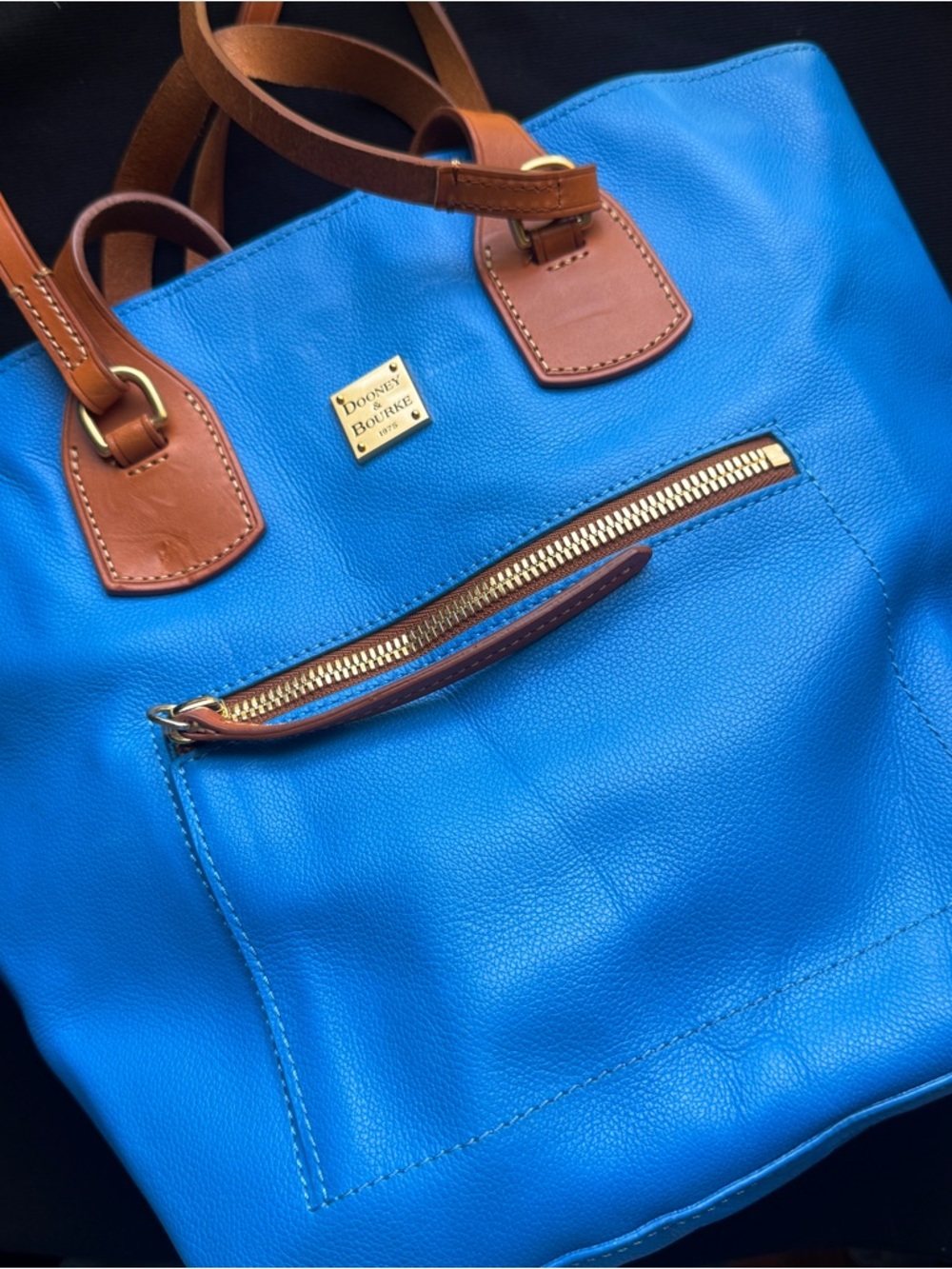 Dooney & Bourke Bright Blue Leather Tote with Brown Trim and Gold Hardware